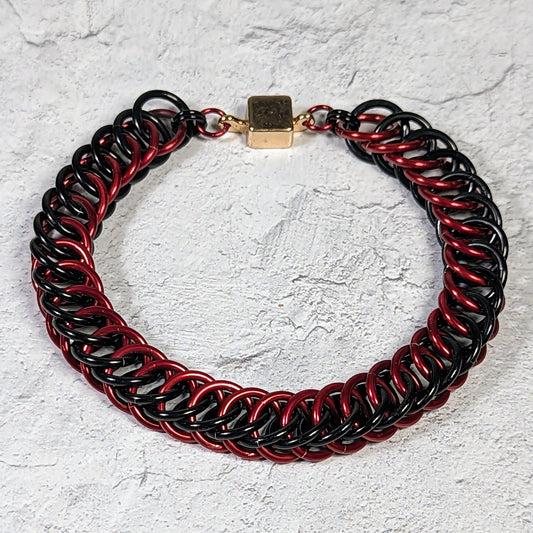 Red and black chainmaille bracelet